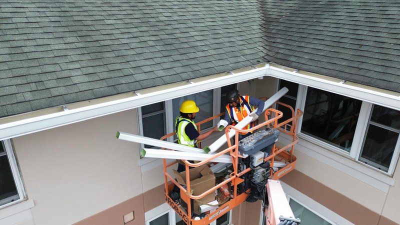 Seamless aluminum gutter and downspout system installed along a residential roofline